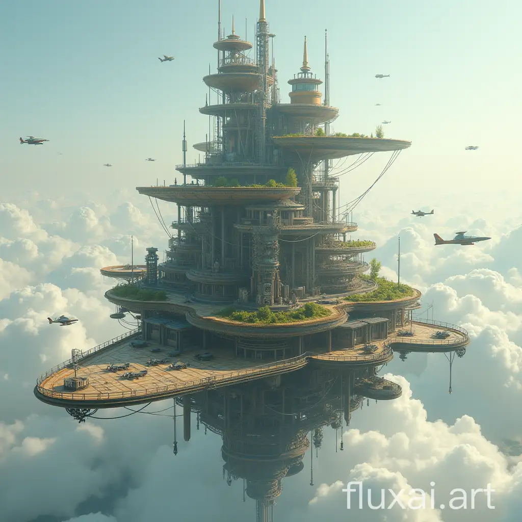 Skyscraper-airfield flying in the clouds with gears, hangars, views and mechanisms, metal farm structures, with terraces and plants, with webbed fabric wings and devices in the style of Leonardo da Vinci, airplanes circling around, steampunk style, retrofuturism