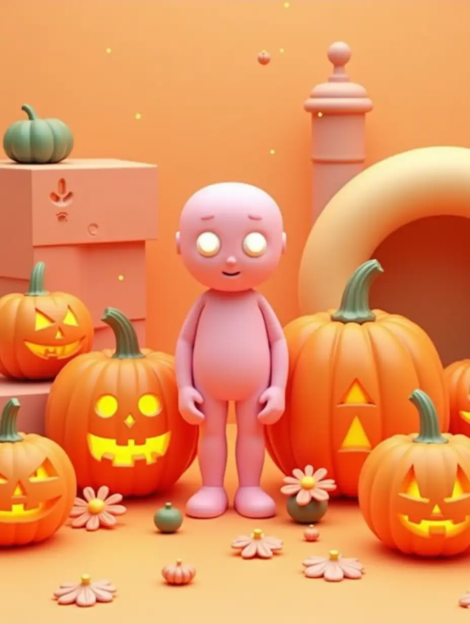 Bright 3D rendering composition on the theme of Halloween, where playful and surreal elements are combined. A collection of carved pumpkins with burning expressions of faces is located among abstract geometric figures in pastel and warm autumn tones. The scene includes a mix of organic and synthetic materials, such as smooth plastic, soft rubber and glossy surfaces. A pink, wavy humanoid figure with oval eyes stands among the pumpkins, adding a surrealistic touch. Small whimsical details, such as stylized flowers, curved pipes and architectural cutouts, contribute to creating a modern toy aesthetic. Soft scattered lighting enhances the warm and cozy atmosphere