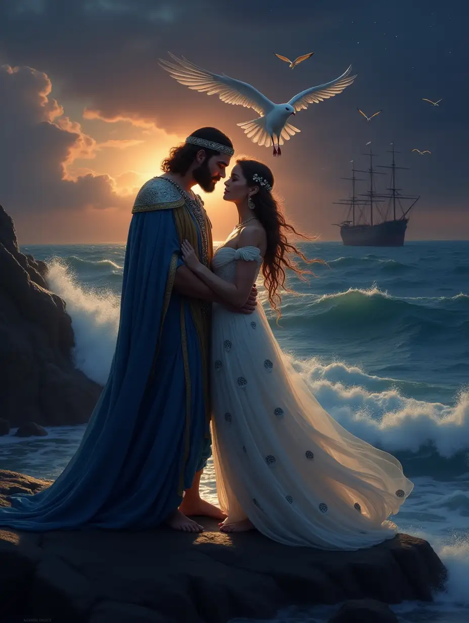 A breathtaking and emotional scene from Greek mythology, depicting the tragic yet romantic love between Ceyx and Alcyone. The couple stands on a rocky shoreline at twilight, with the ocean waves gently crashing around them. Ceyx, a noble and handsome king, wears a flowing blue and silver robe, his gaze full of sorrow and longing as he embraces Alcyone, a beautiful queen with delicate features and wearing a white, flowing gown adorned with seashell patterns. Her eyes glisten with tears, yet her expression is filled with love and devotion. The sky is a mix of deep purples, oranges, and blues, with a few stars beginning to appear. In the background, the silhouette of a storm-tossed ship can be seen sinking into the sea, foreshadowing Ceyx’s fate. The couple is bathed in a soft, golden glow, symbolizing their eternal love. Birds resembling halcyons fly gracefully above the waves, hinting at their transformation into the legendary birds of calm seas