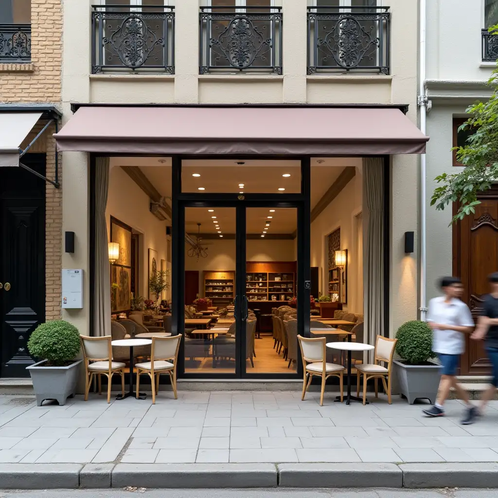 facade of a furniture store with tables and chairs on a wide sidewalk and people