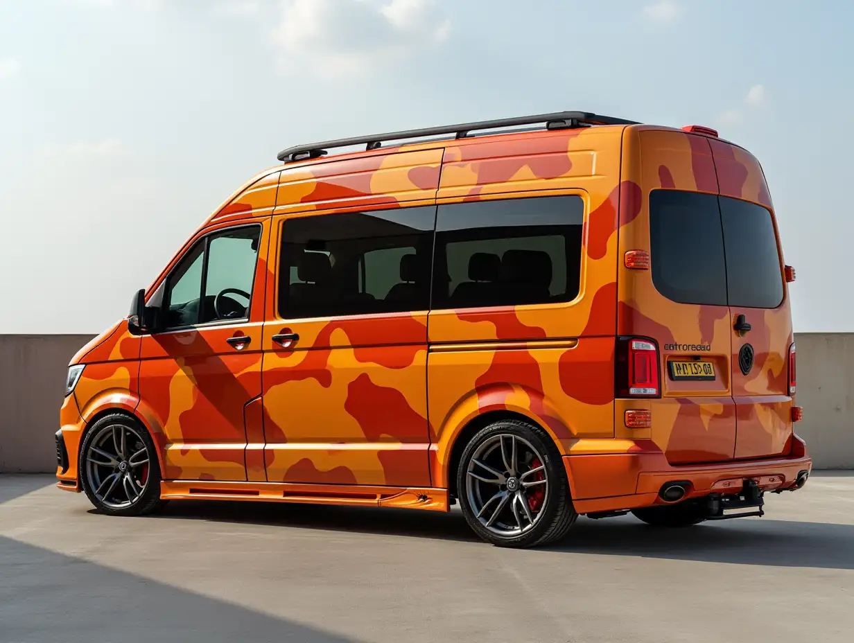 Supermodern utopian sports van triple-decker orange camouflage color,lowered chassis, 10-inch rims