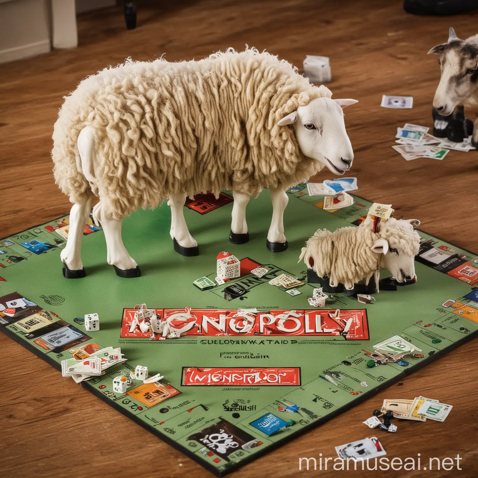 Sheep Playing Monopoly Game Together in a Cozy Living Room