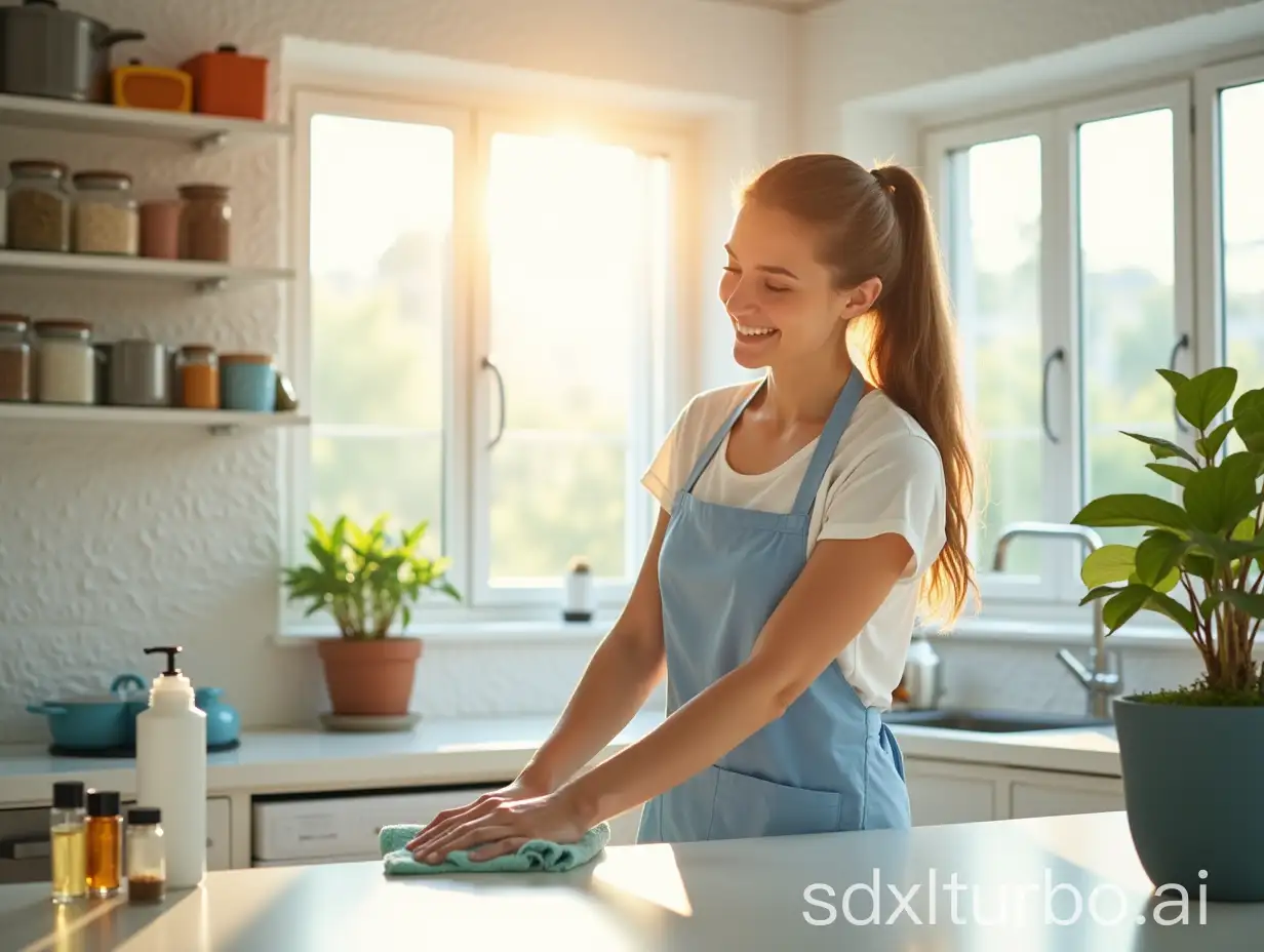 Young-Woman-Cleaning-Kitchen-Countertop-with-Natural-Cleaner-and-Fresh-Mint-Leaves