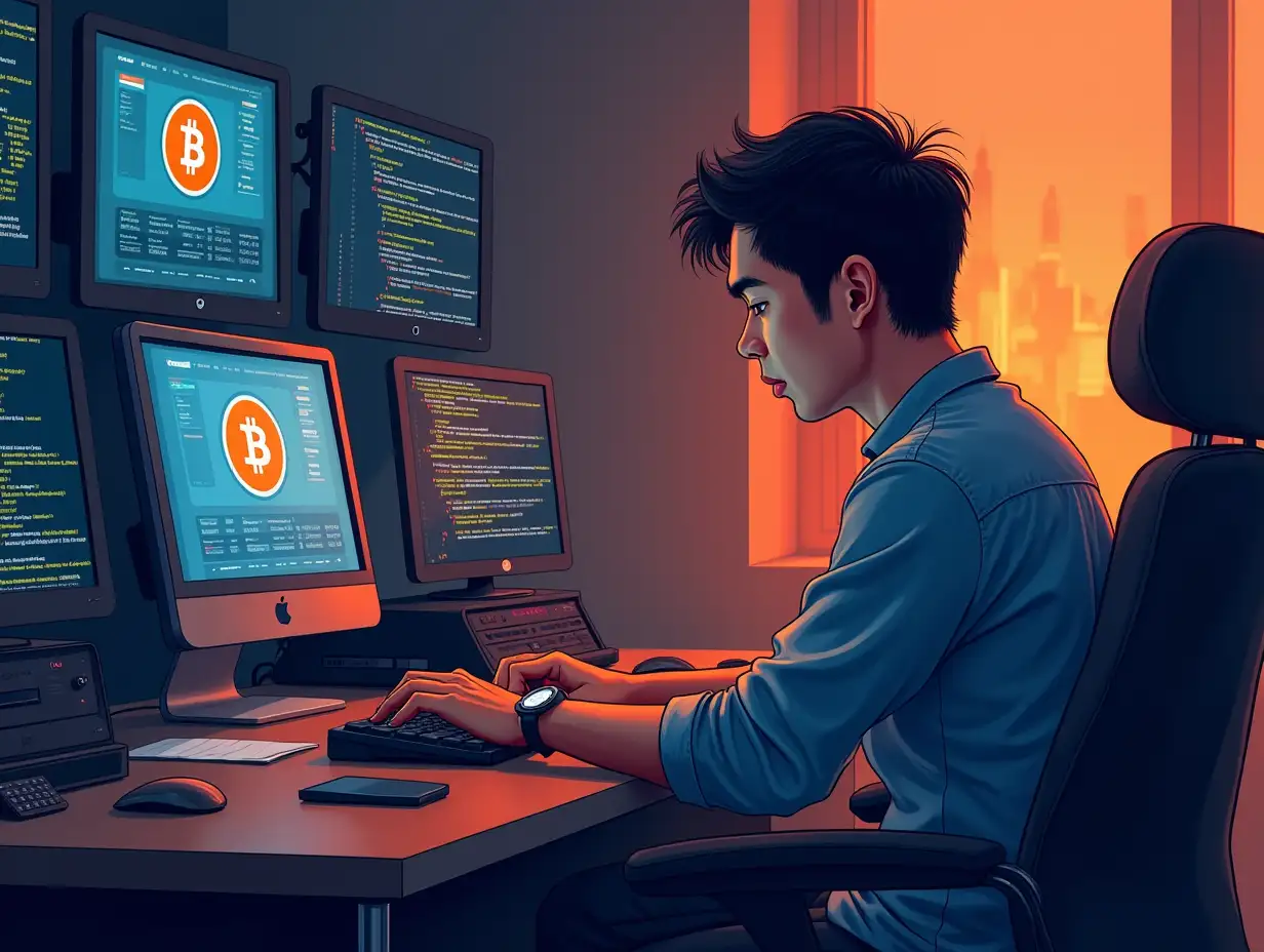 An illustration of a man in his early 30s, Charlie Lee, an Asian-American former Google engineer, sitting at a desk surrounded by computers and digital screens. The screens display early cryptocurrency code and Bitcoin logos. He looks focused and determined as he creates a new digital currency. The room is filled with a warm glow, hinting at innovation and creativity.