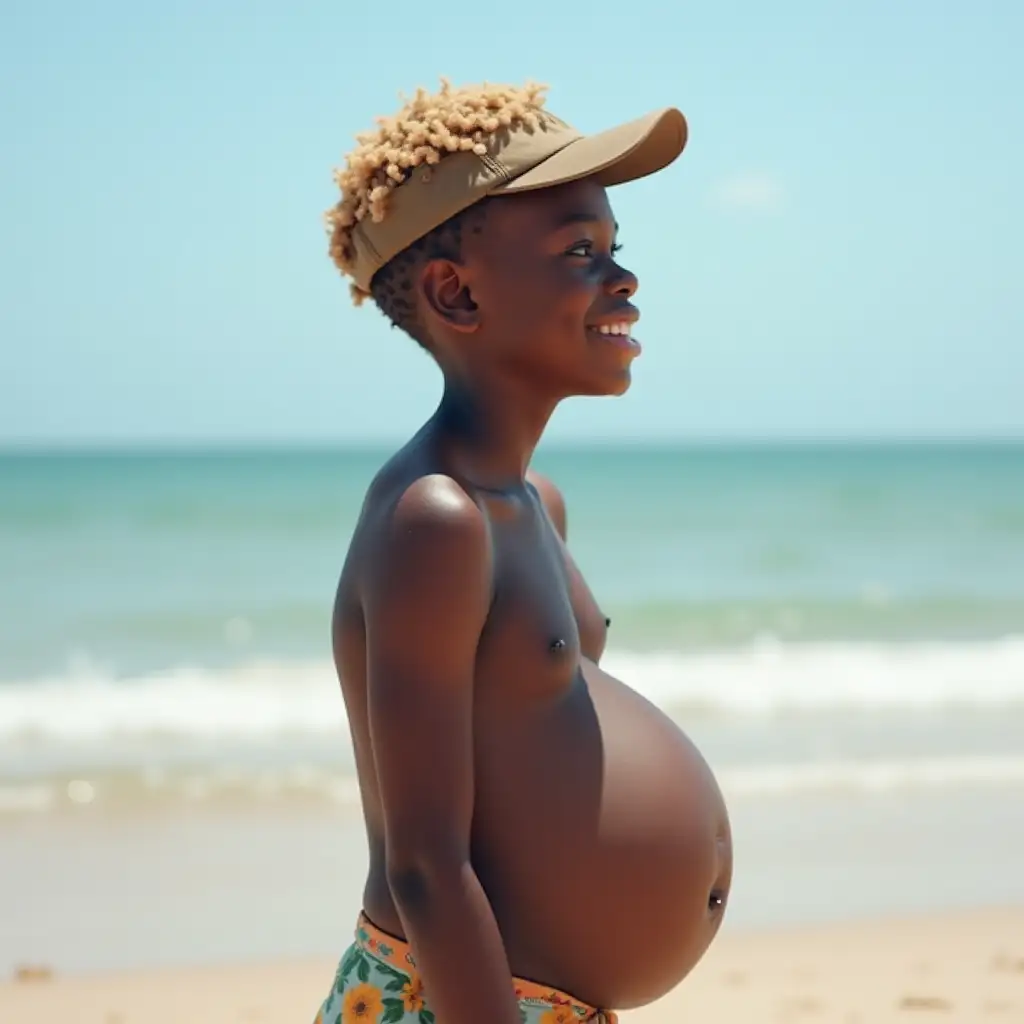 Happy-African-Boy-with-Blonde-Curly-Hair-at-the-Beach-Smiling-with-Full-Belly-of-Water