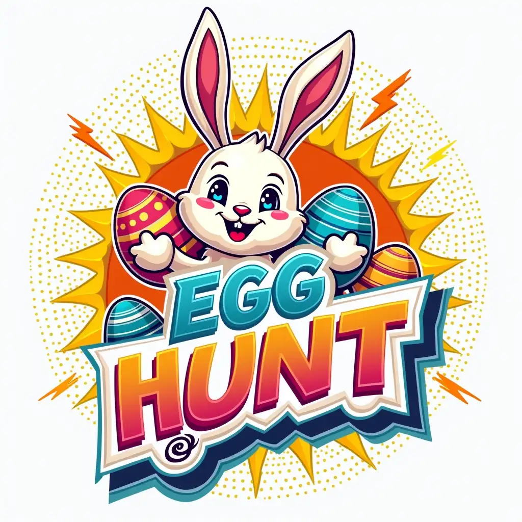 Create a vibrant, Easter-themed graphic featuring a cartoon Easter Bunny surrounded by colorful, decorated eggs. The Easter Bunny should have a playful expression and be holding one of the eggs. The text 'EGG HUNT' should be prominently displayed in bold, colorful letters, with a speech bubble or a banner framing it. The background should be a dynamic, comic book-style pattern with lightning bolts and dots. The overall style should be energetic and exciting, with a focus on the joy and excitement of Easter.