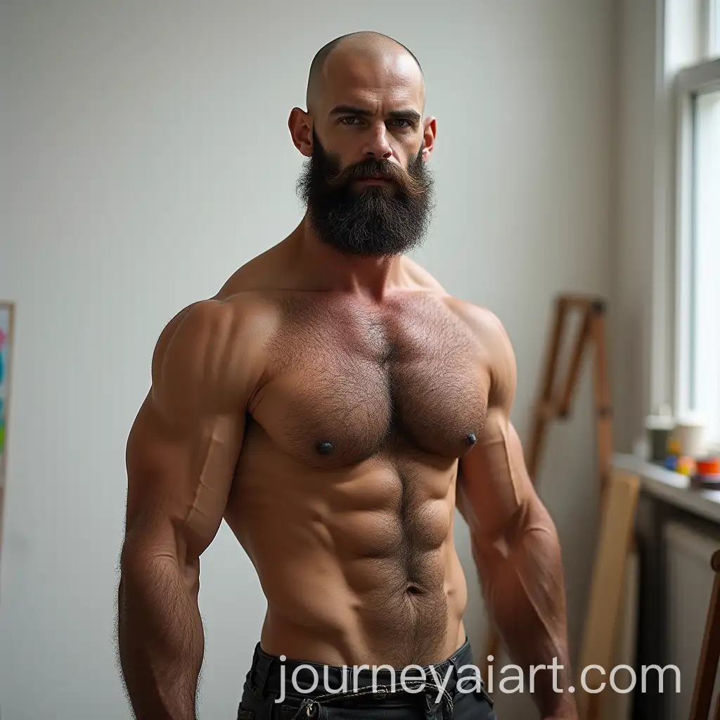 Muscular-Spanish-Bodybuilder-Model-in-Art-Class-with-PaintStained-Body