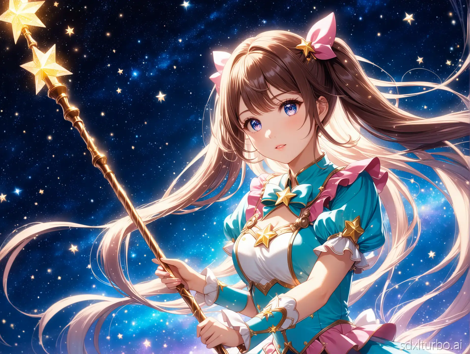 (masterpiece, best quality, 8k, ultra-detailed, professional lighting), 1girl, solo, magical girl, star pupil, long twintails, floating hair, in the beautiful detailed starry sky, galaxy in her eyes, holding a glowing magical staff, magical particles, cinematic lighting, dynamic angle, beautiful detailed face, intricate details on costume