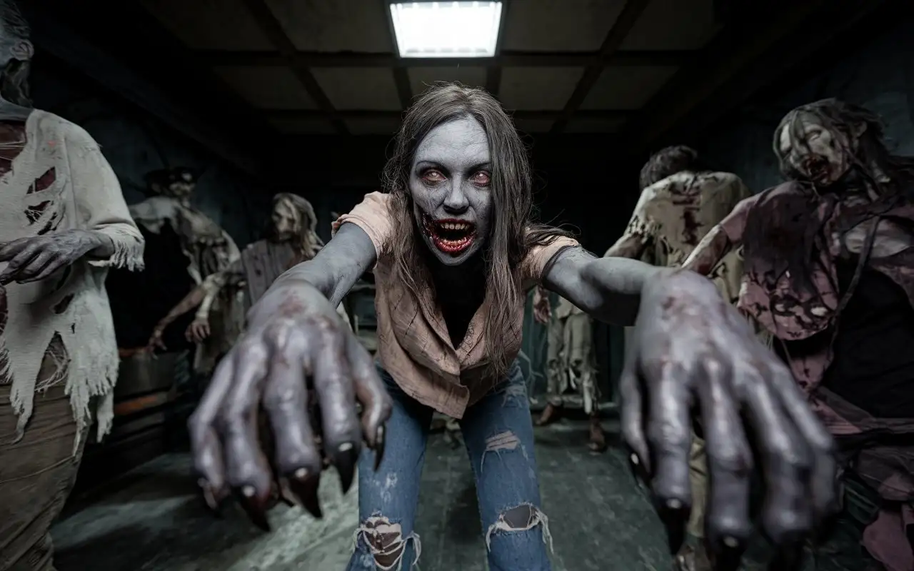 A terrifying scene from a nightmare: a hideous, ugly female zombie with gray skin, claw-like nails on her hands and feet, long claws on her fingers, and a wide-open mouth exposing a row of sharp, pointed teeth resembling fangs. A zombie dressed in torn clothes, without shoes, a scene in a dim room with no windows and no light, in total darkness, a zombie woman bending over stretches her arms in front of her trying to touch her prey length  first-person view. Wide-angle