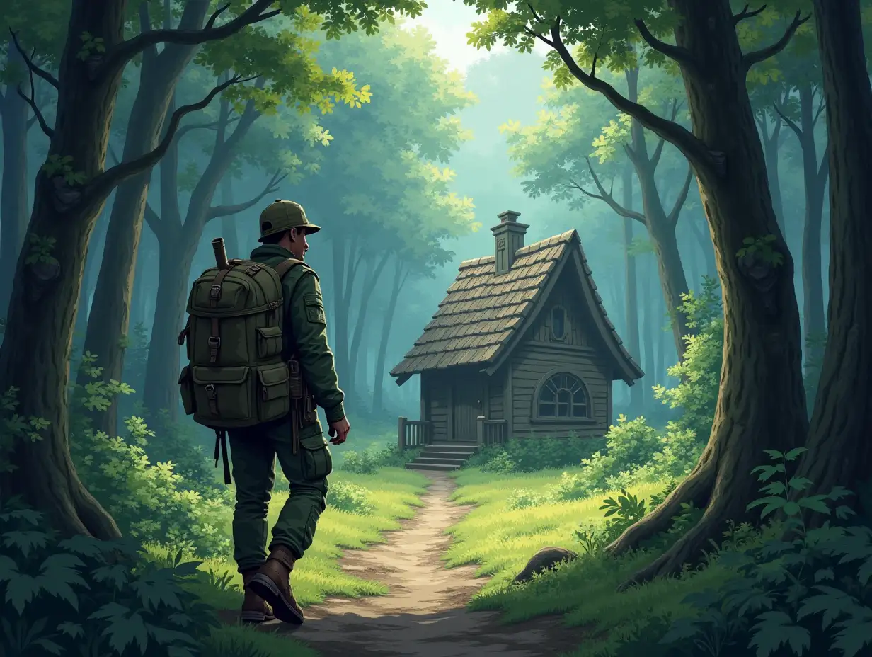 A survivalist in a canvas camouflage and backpack makes his way through the forest, he comes out on a glade with a mysterious little house. Anime style.