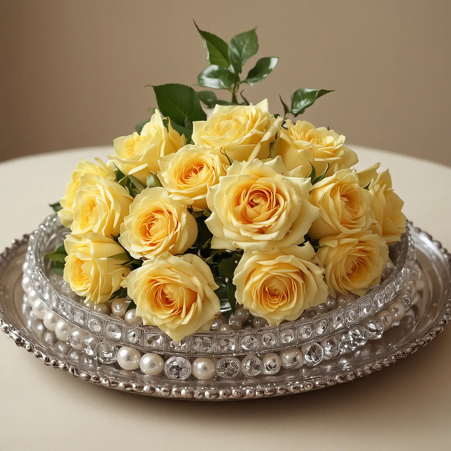 small vintage centerpiece with crystal tray holding a few yellow roses and a strand of pearls draped over the roses; keep background neutral
