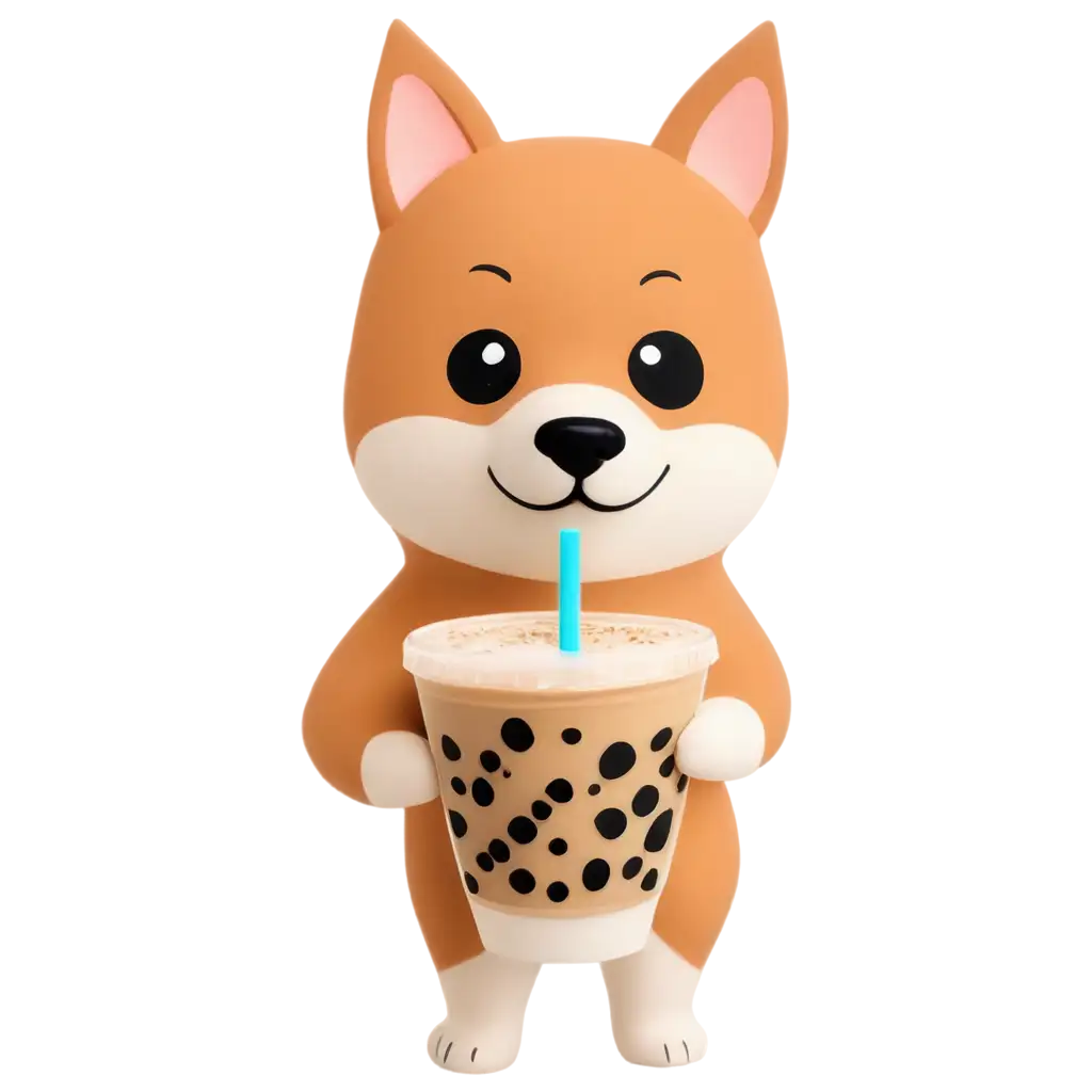 cartoon shiba inu holding a bubble milk tea