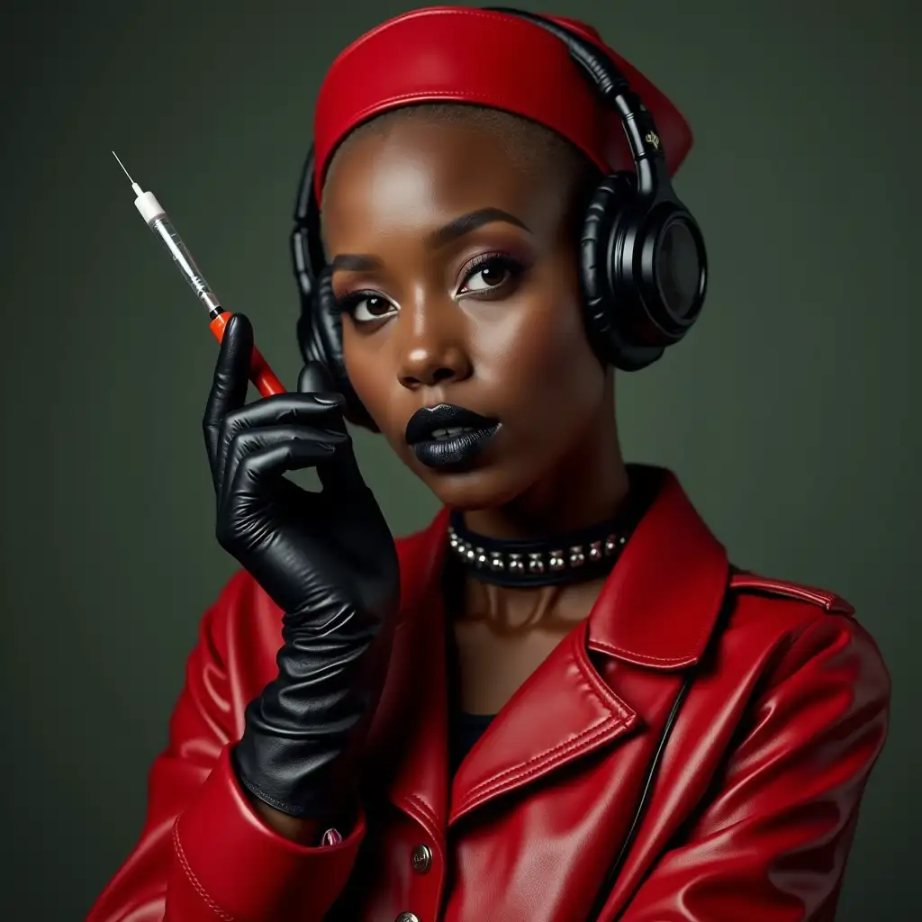 African-Nurse-in-Red-Leather-Uniform-with-Injection-Needle