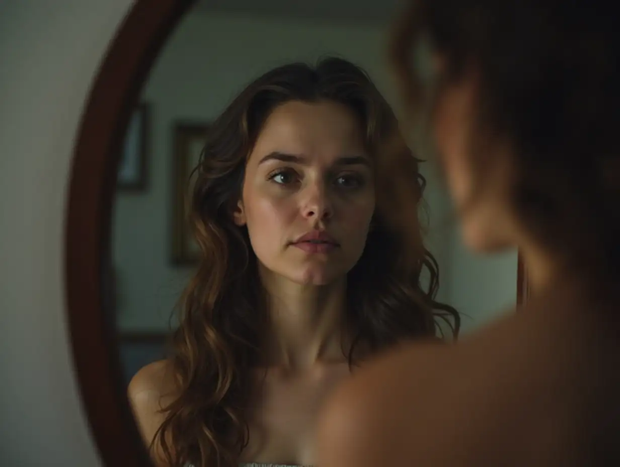 a sad woman looking at herself in the mirror