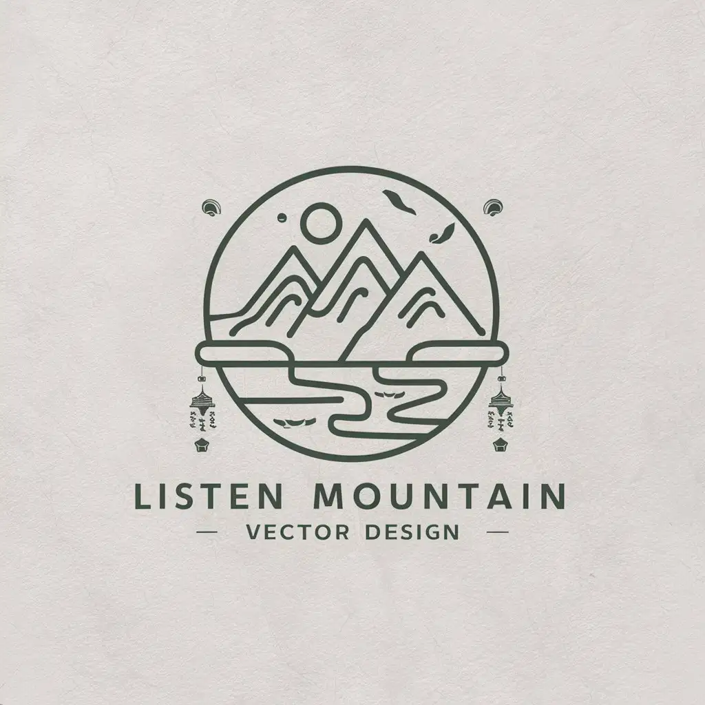 a vector logo design,with the text "listen mountain", main symbol:Mountains, jewels, Chinese style, mountain and water painting,Moderate,be used in Others industry,clear background