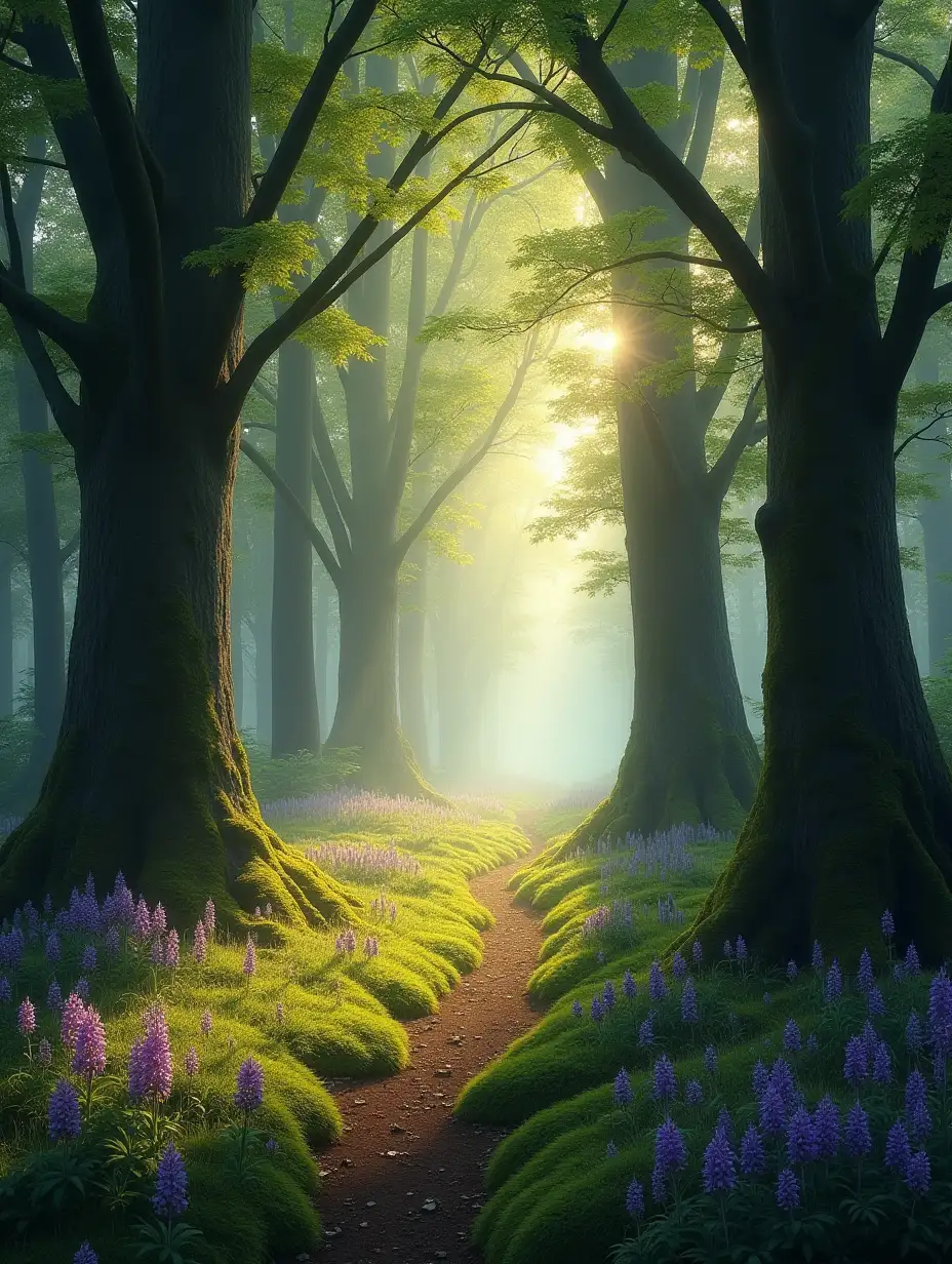 A serene, sunlit forest with tall, ancient trees, their branches forming a natural canopy that filters the sunlight. The forest floor is covered with soft moss and wildflowers in shades of violet and pink, gently glowing in the scattered beams of light. In the distance, faint mist clings to the lower trunks of the trees, giving the scene an ethereal and magical atmosphere. A narrow path winds through the forest, leading towards an unseen destination, adding a sense of mystery and adventure. The color palette is vibrant, with rich greens from the foliage and soft golden light, creating a peaceful yet mystical environment filled with hidden energy.