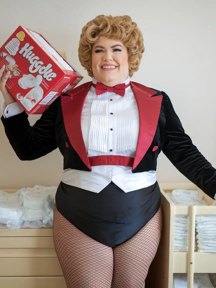 sweet very beautiful smiling middle aged huge fat obese with large wide hips Caucasian woman, with short curly blonde permed hair, standing facing forward wearing a very formal concert tuxedo with black long sleeve cropped Eton jacket, white wing tip tuxedo shirt with pleated front, scarlet red adjustable neckband bow tie, scarlet red cummerbund, black leotard bottom, fishnets, holding large scarlet red and white box of Huggies while standing next to a changing table with a stack of plastic disposable diapers in a nursery, full body front view