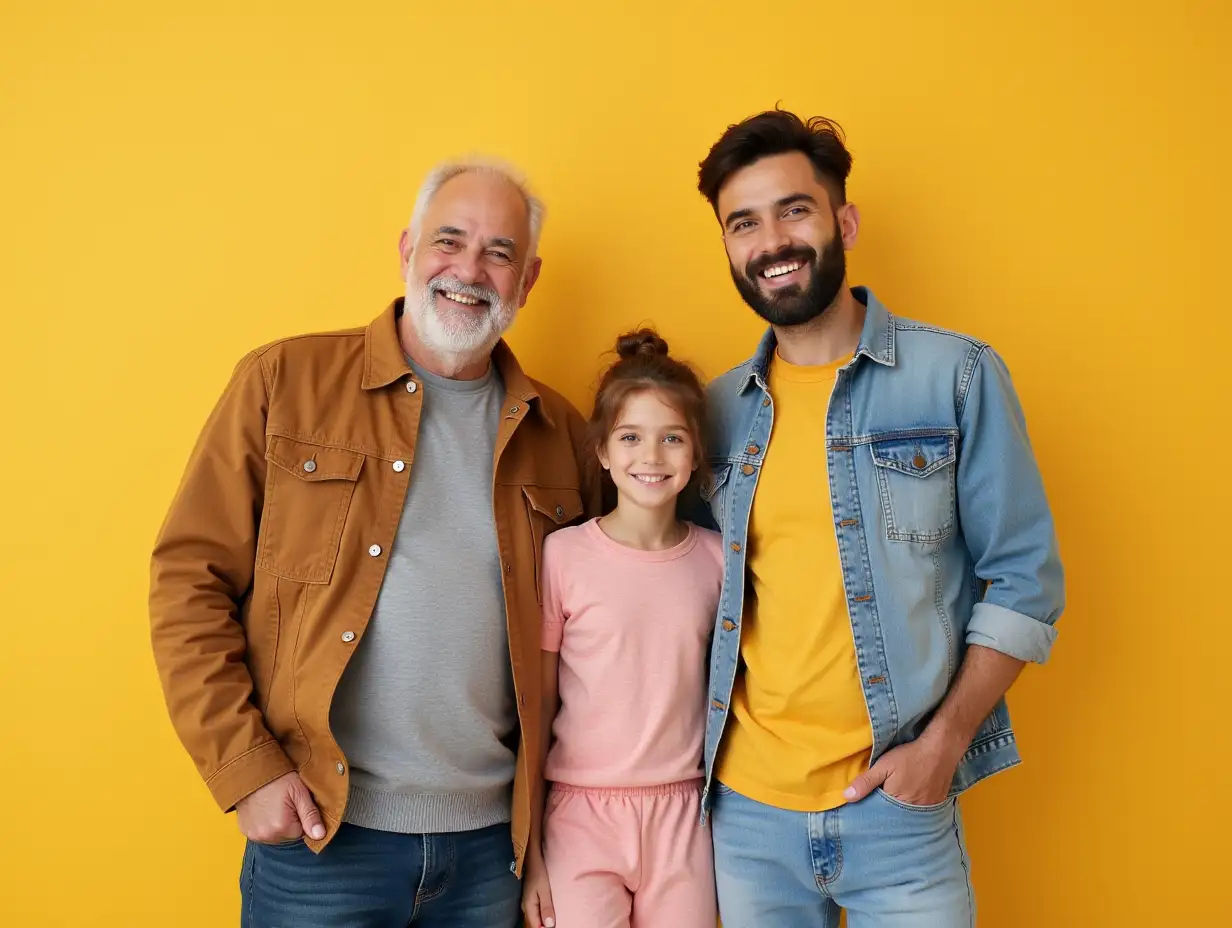 A family of three generations, grandfather, father, mother and child, all modern people. The grandfather is wearing casual modern clothes with a kind smile on his face; the father and mother are wearing fashionable youth casual clothes, showing confident and happy expressions; the child is wearing cute casual clothes with innocent light in his eyes. The background is solid color, highlighting their image and creating a warm and happy family atmosphere.