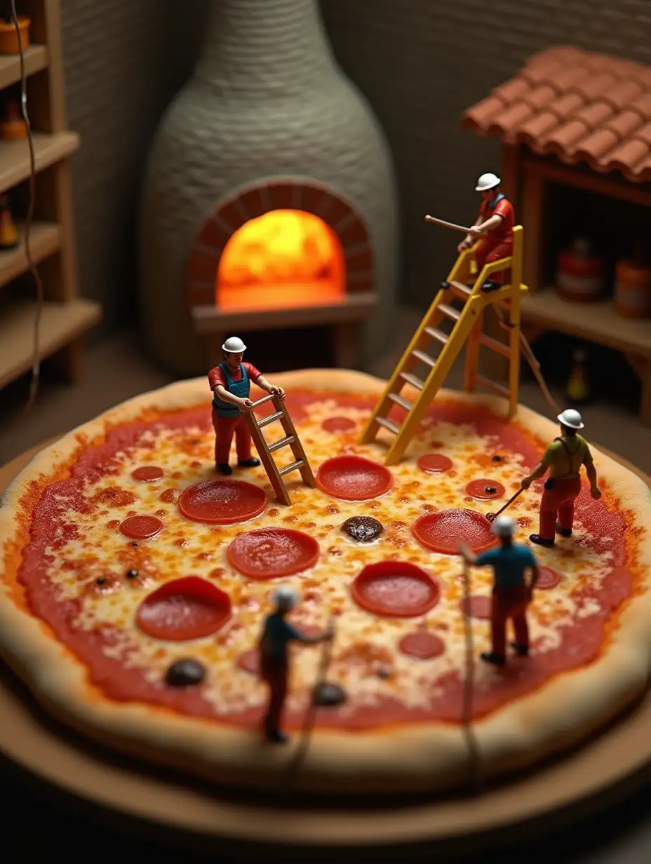 A tiny world workers are assembling a giant pizza, using ladders to place cheese, cranes lifting pepperoni slices, a wood-fired oven steaming in the background, ultra-detailed, hyper-realistic textures, cinematic lighting, cozy Italian vibes.