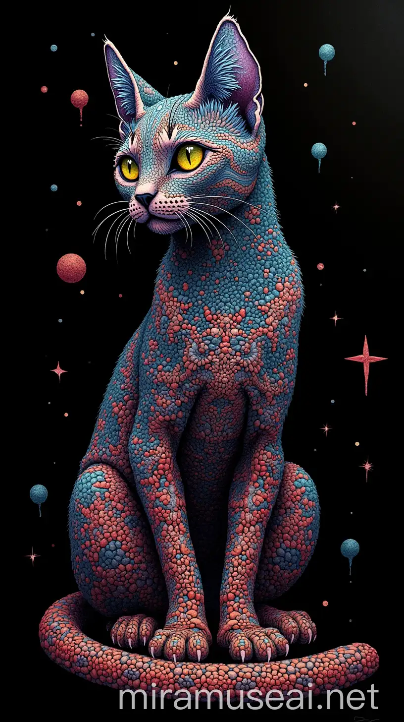 Intricate Tabby Cat Scratchboard Art in Cosmic Colors