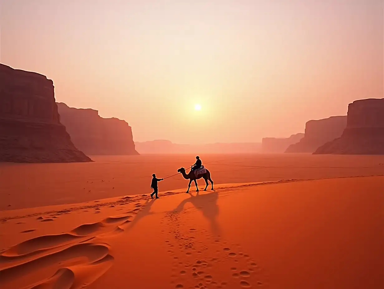 Tevehajcsrr-Leading-Camel-at-Sunrise-in-Vast-Desert-with-Red-Sandstone-Cliffs