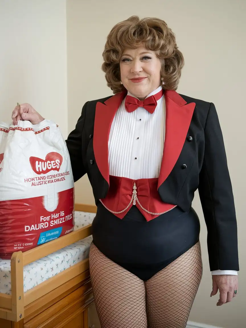 Smiling-MiddleAged-Woman-in-Formal-Tuxedo-Holding-Huggies-at-Nursery-Changing-Table