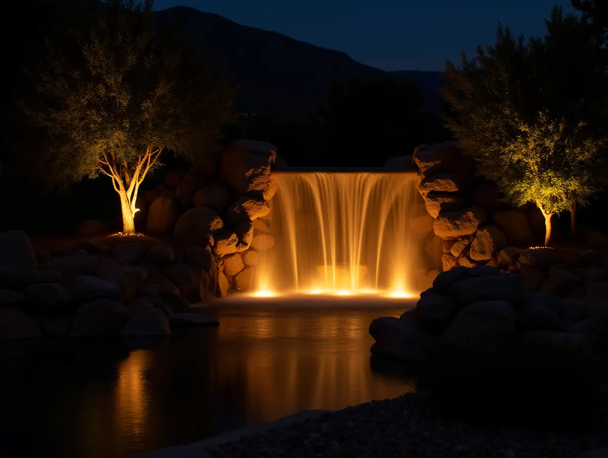 Waterfall fountain landscape at night with gold color lights and tiki