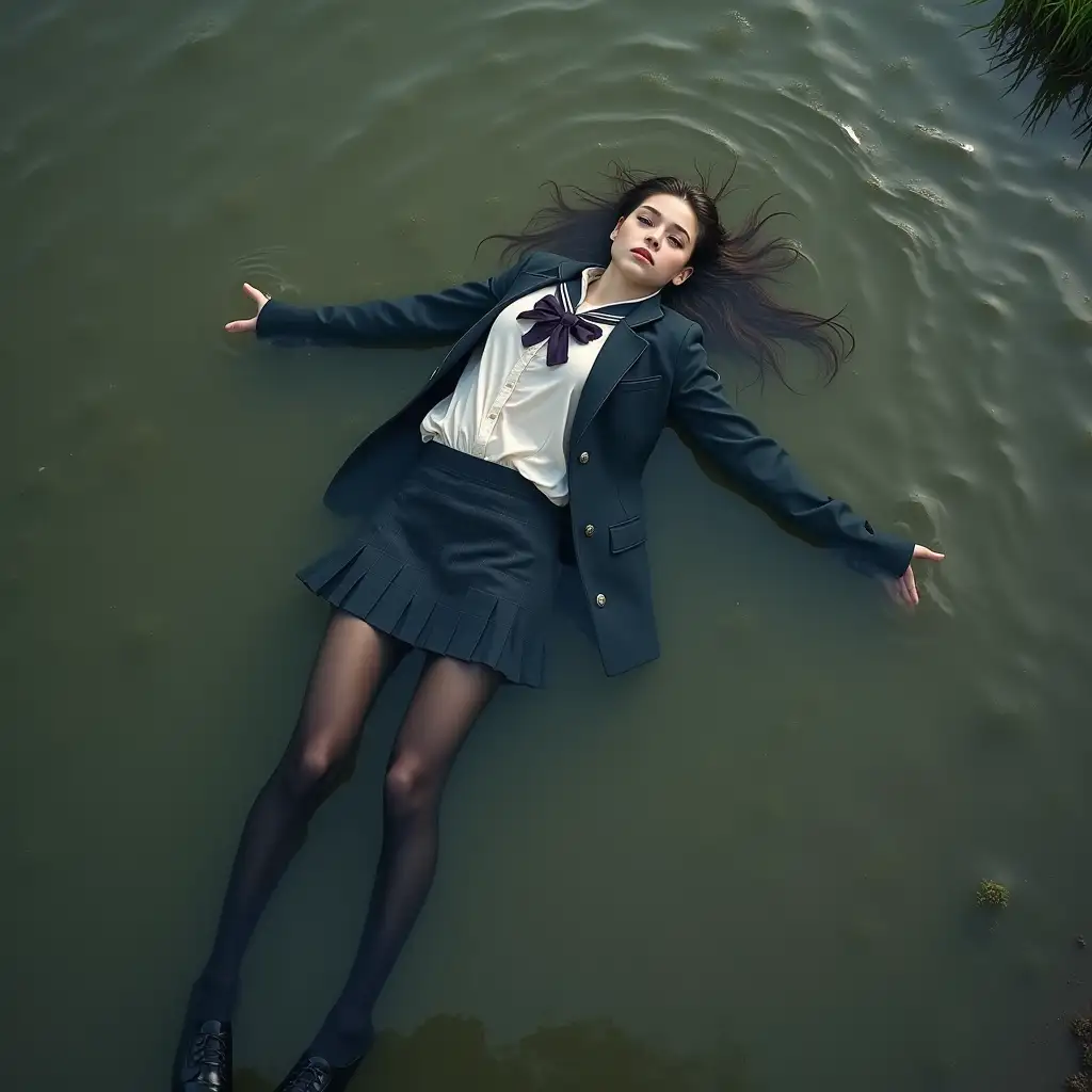 Schoolgirl in a school uniform, in a skirt, jacket, blouse, dark tights, high-heeled shoes. She is swimming in a dirty pond, lying underwater, all her clothes are completely wet, wet clothes stick to her body, the whole body is underwater, submerged in water, under the surface of the water, below the water's edge.