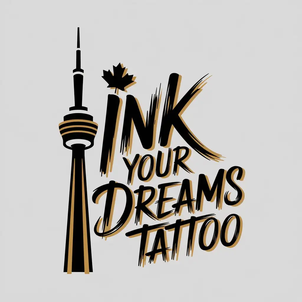 LOGO Design for Ink Your Dreams Tattoo Vector Design Featuring CN Tower Maple Leaf and Signature Style Font in Black and Gold