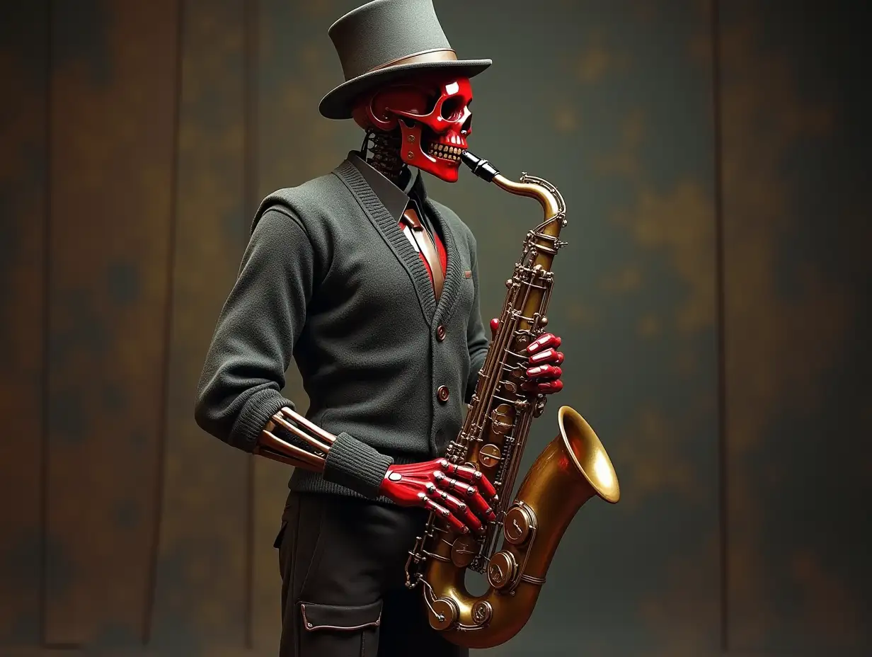 Create a high-resolution, realistic image of a robot with a skeleton body, red porcelain hands and head, a sweater, a Steampunk top hat, and a saxophone standing in 4K resolution (Steampunk 8K quality)