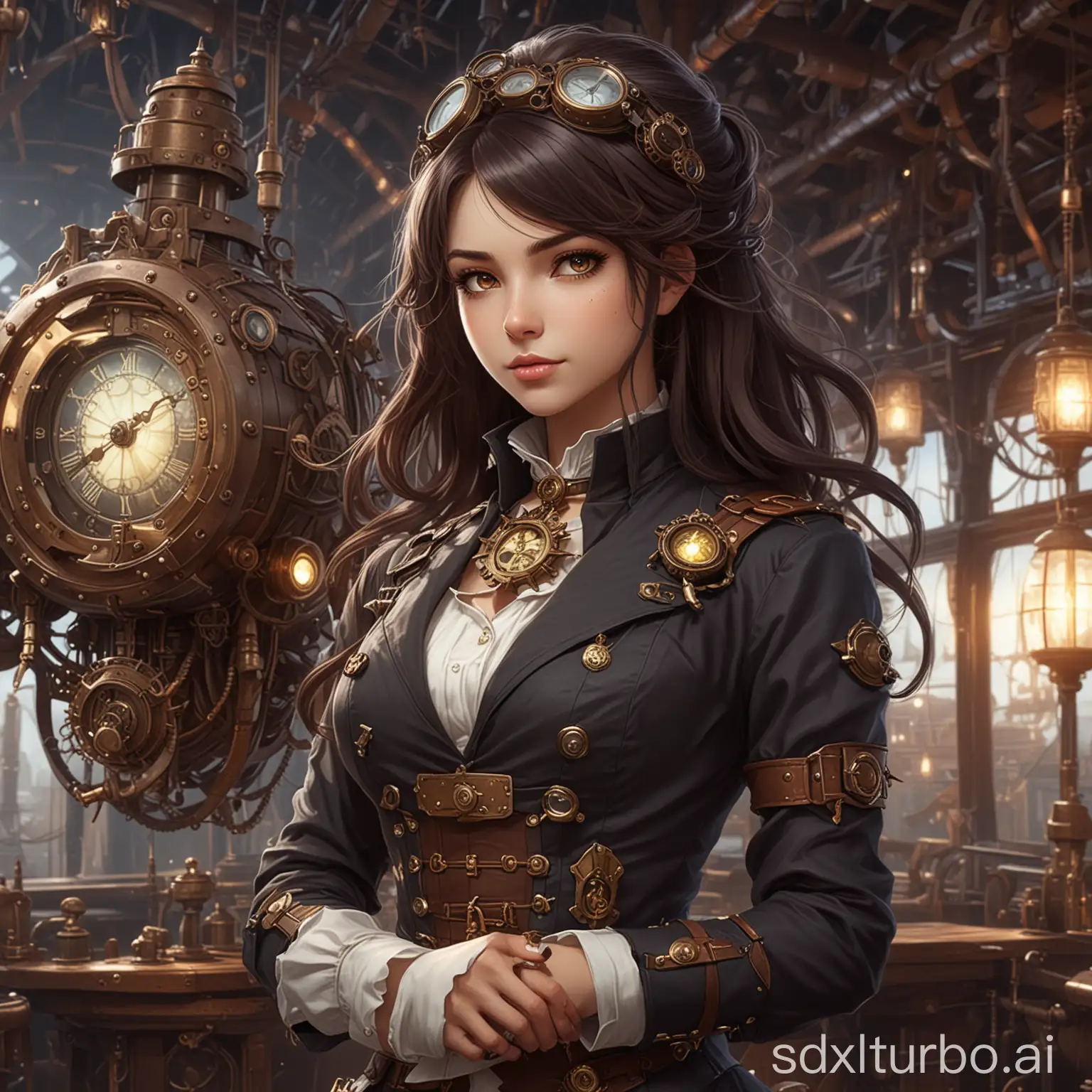 anime style portrait of a beautiful female skyship captain in a steampunk fantasy world, with flowing dark hair, dressed in elegant yet practical attire adorned with clockwork elements, holding a mysterious glowing artifact, skyship in the background, 2D anime style, upper body, detailed, cute