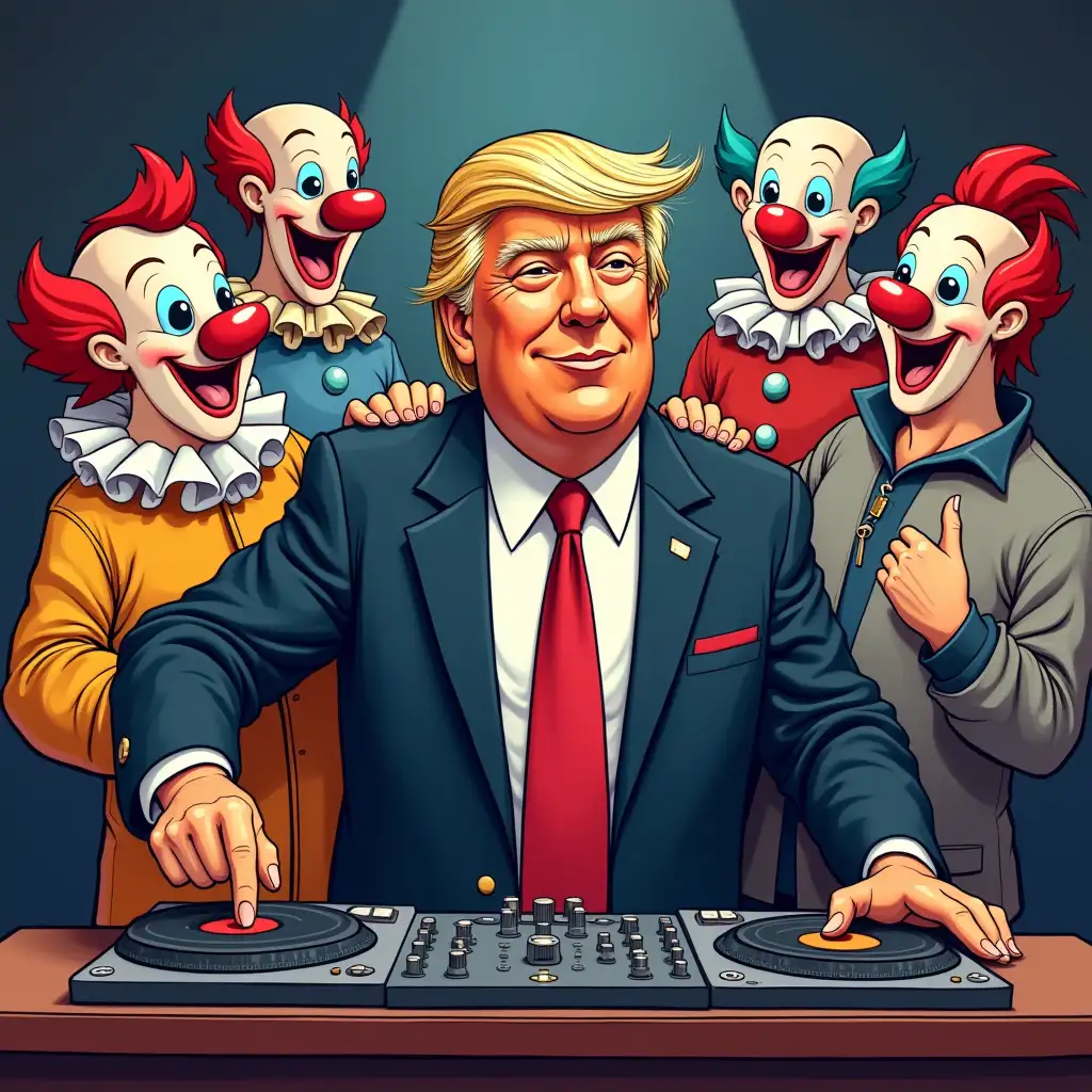 Trump-as-a-DJ-Surrounded-by-Colorful-Clown-Cartoons