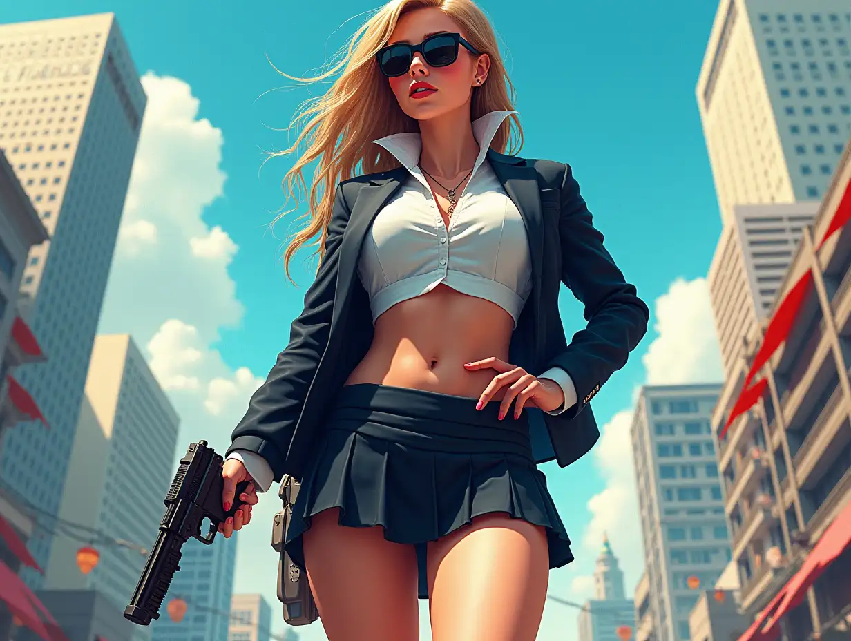 Wide-angle digital painting, (Beautiful woman in stylish school uniform, midriff showing, short skirt, and sunglasses: 1.3), Triangular composition, Dynamic full-length pose, Confident expression, (Armed mercenary: 1.3), Gun grip, Supporting pose, City background, Skyscrapers in the distance, (Bright sunlight: 1.2), Sharp contrasts, Bold colors, Clear details. female mercenary in cool cyberpunk style in colorful fantasy style, realism, post-apocalyptic landscape, cartel, bald rod, oil painting, rod Nostalgia, strong emotions, low angle, high detail, sharp focus