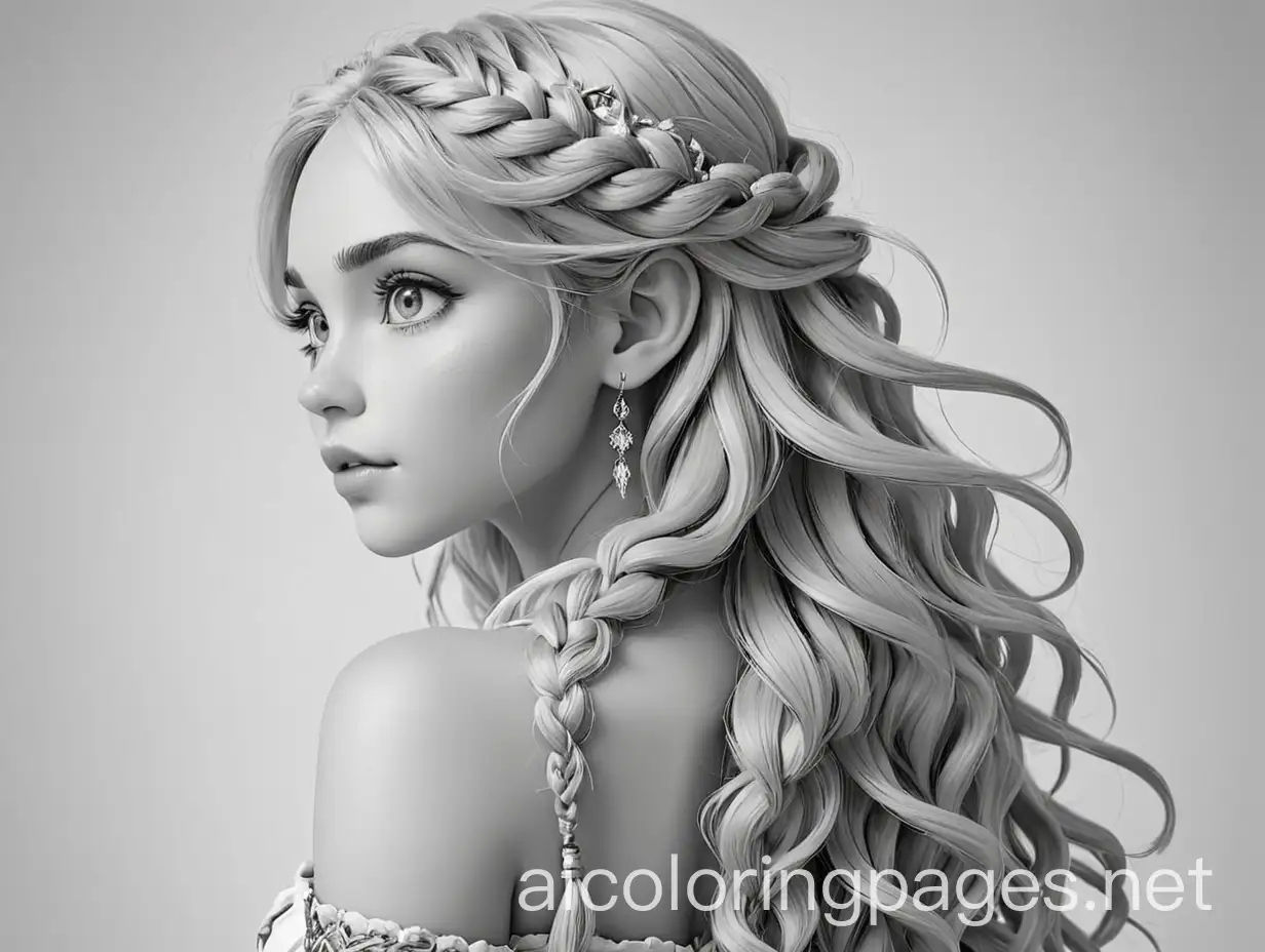 elf,  almond-shaped eyes, long, hair cascades down her back in soft waves, often adorned with small braids and trinkets she’s collected from her travels., Coloring Page, black and white, line art, white background, Simplicity, Ample White Space. The background of the coloring page is plain white to make it easy for young children to color within the lines. The outlines of all the subjects are easy to distinguish, making it simple for kids to color without too much difficulty