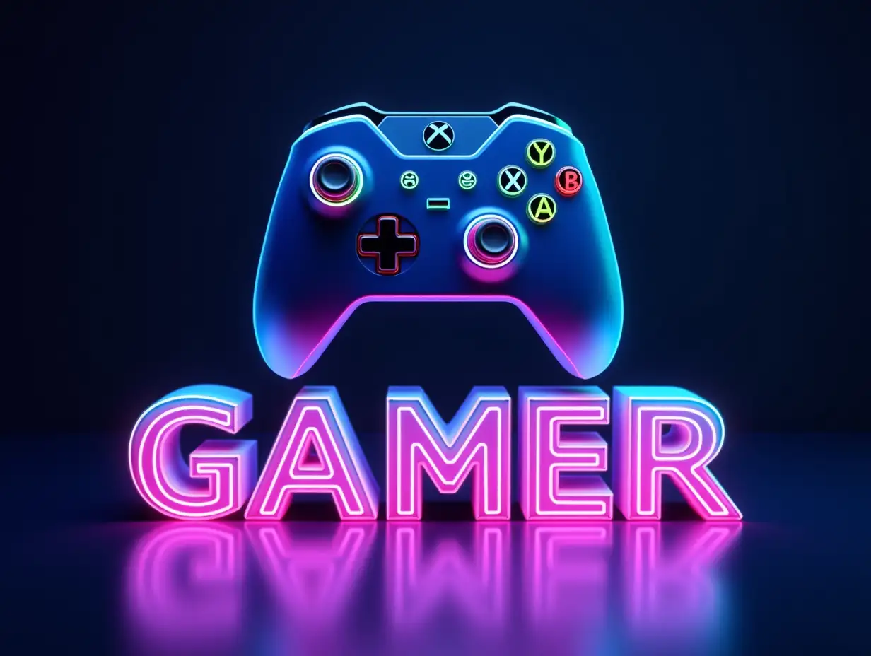 Create an image with a hyper-realistic, neon-infused style. The central element is a modern video game controller, depicted with meticulous detail. The controller should be bathed in vibrant neon light, with each button, joystick, and contour highlighted by glowing lines of various colors: electric blue, hot pink, lime green, and vibrant purple. The controller should appear to be floating against a dark, slightly reflective surface, creating a sense of depth and dimensionality. Below the controller, in bold, blocky, 3D-rendered letters, the word 'GAMER' should be displayed. Each letter should also be outlined in neon, matching the color palette of the controller, and casting a soft, colored glow onto the reflective surface beneath. The overall aesthetic should be energetic, dynamic, and visually striking, capturing the essence of modern gaming culture.