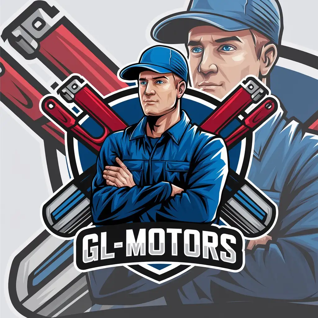 a vector logo design,with the text "GL-motors", main symbol:Automechanic in a cap in a work blue costume with short hair and spare parts logo in red-blue color,complex,be used in Automotive industry,clear background