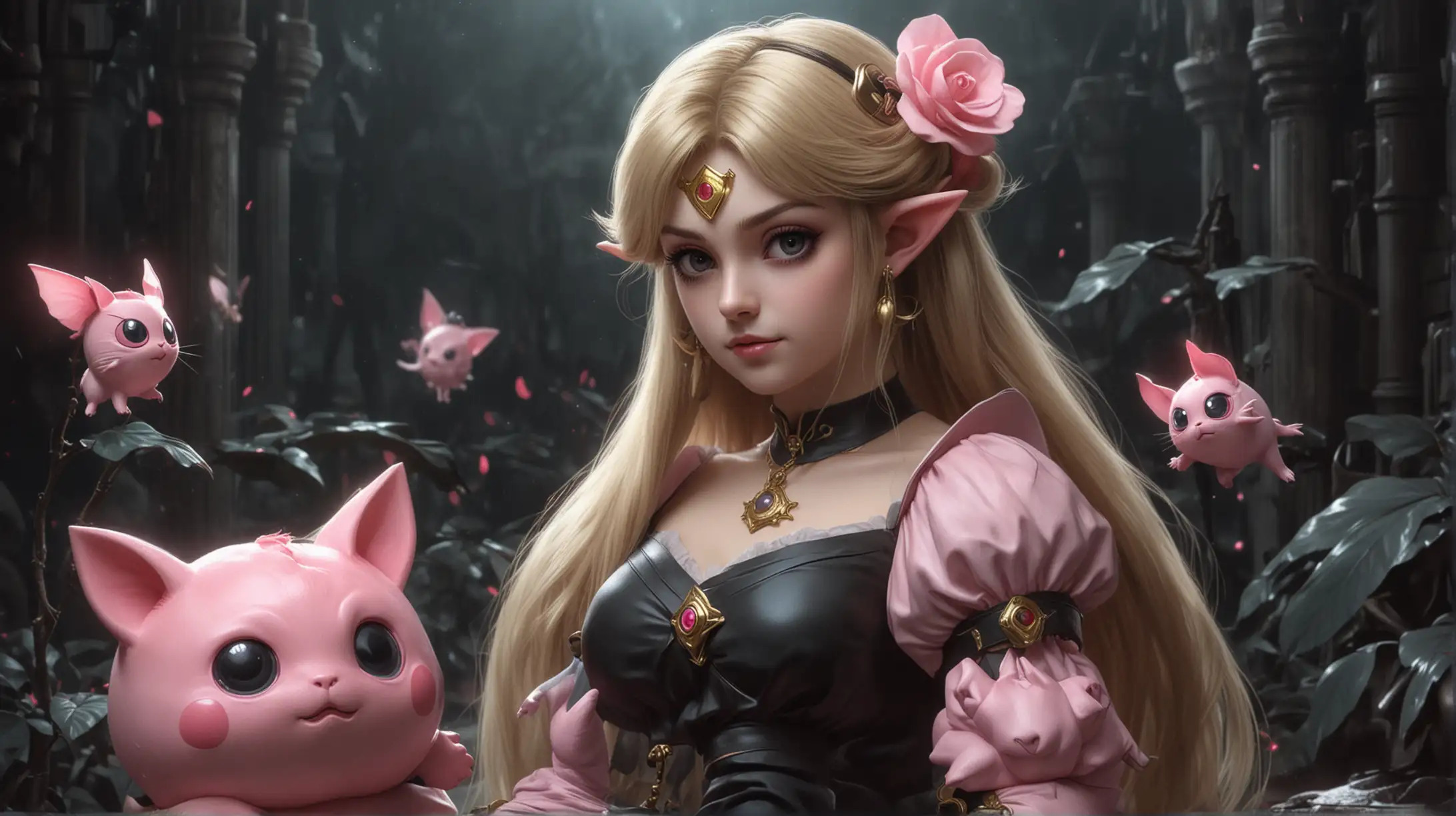 Princess Zelda and Jigglypuff in 1980s Dark Fantasy Style