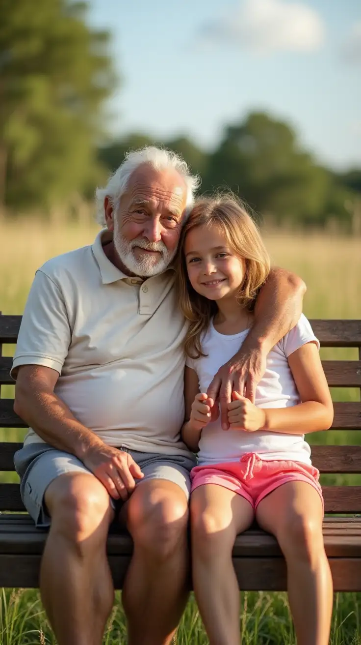 The happy little caucasian girl age 11 is cuddking her hapoy grandad in a bench in the countryside . Its summer time. The grandad is wearing shorts. The beautiful caucasian young girl is wearing a crop top and pink shorts
