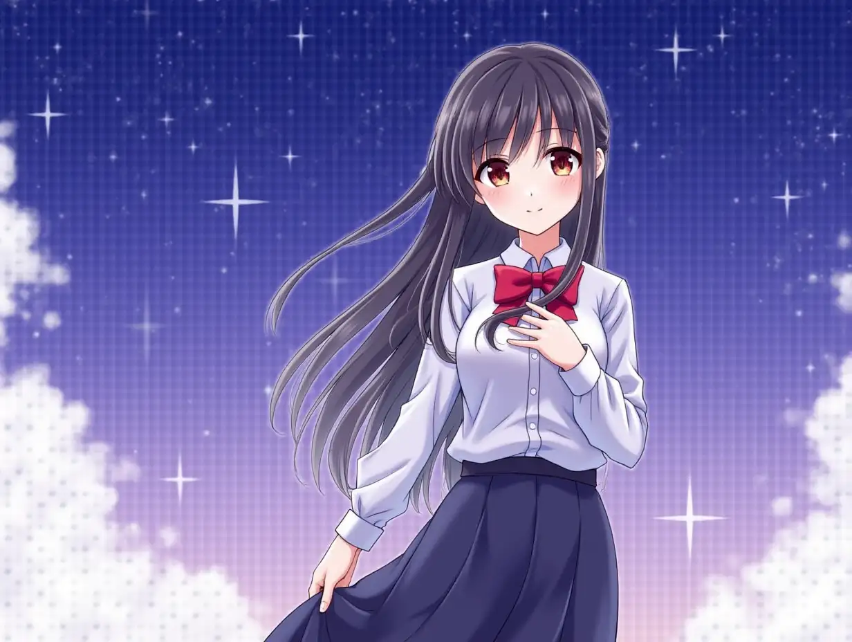 Red bow tie, 1girl, long hair, smile, necktie, starry sky, solo, holding, looking at viewer, skirt, outdoors, shirt, ahoge, sky, black hair, uniform, red eyes, bangs, closed mouth, cloud, long sleeves, brown eyes, collared shirt, jyoshikoukousei