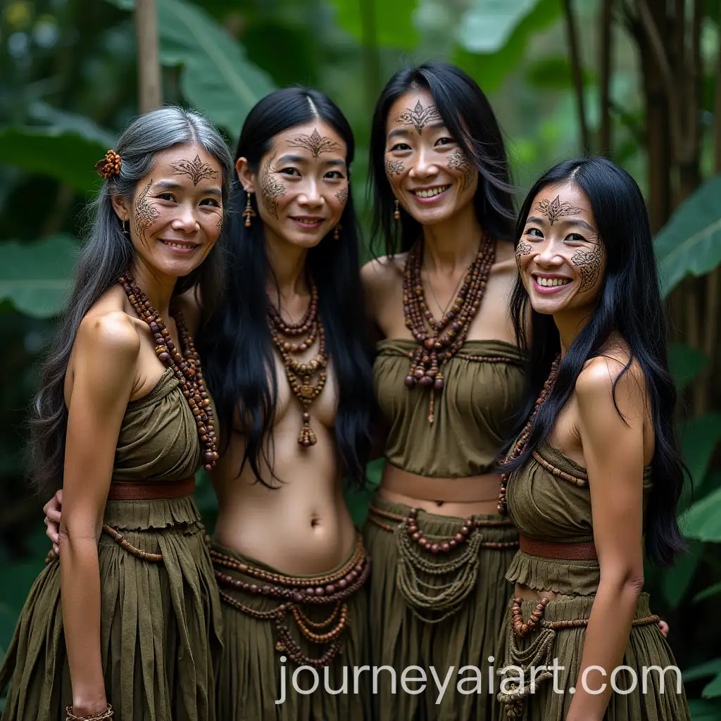 Four-Asian-Elderly-Women-Smiling-in-Traditional-Tribal-Attire-with-Intricate-Face-Paint