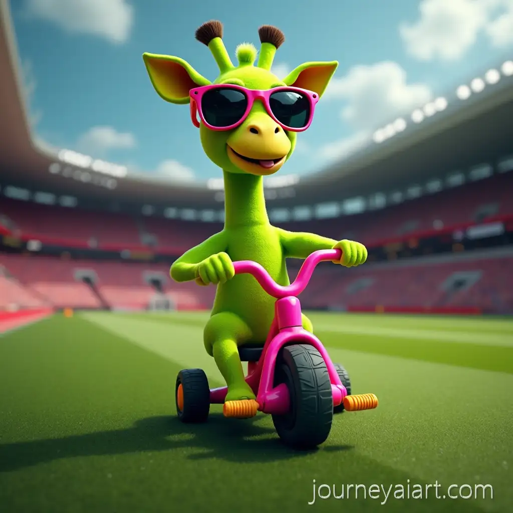 Neon-Green-GNeon-green-giraffe-riding-tricycleiraffe-on-Small-Tricycle-in-Manchester-United-Stadium