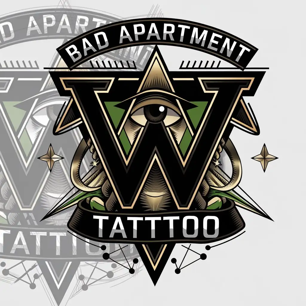 a vector logo design,with the text "Bad apartment", main symbol:Capital letter W, word «tattoo». Black color, gold color, green color, triangle, eye,complex,be used in Tattoo studio artist industry,clear background