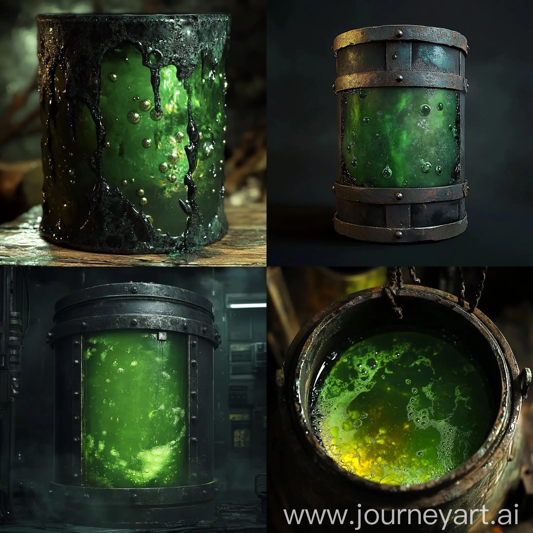 Dark-Green-Metal-Barrel-with-Bubbling-Acid