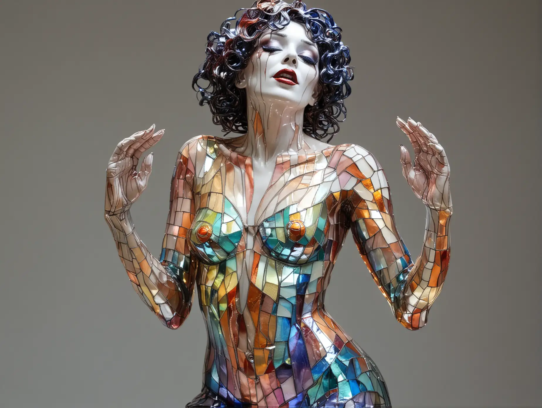 Stained bright iridescent glass art of naked mime woman.