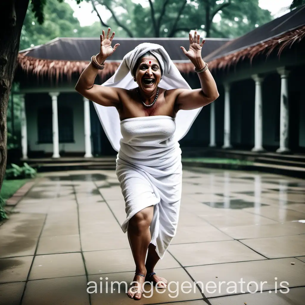 a curvy mature 45 years old lady indian with a white wet bath towel on head and anklet on feet doing dance lifting one leg up and crossing two hands on the court yard of a haunted mansion, she is laughing