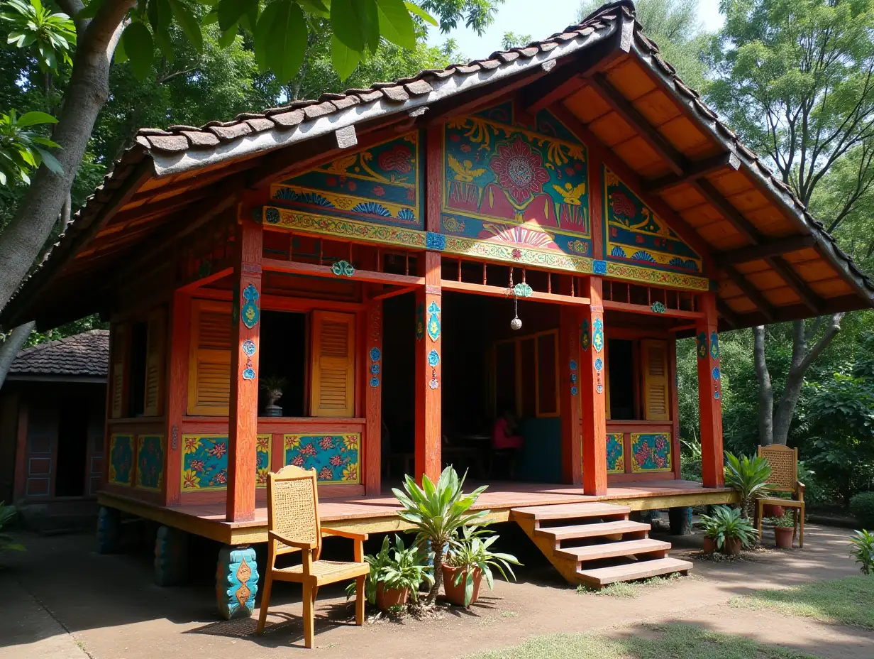 traditional Aceh house made from colorful painted used wood, stage house