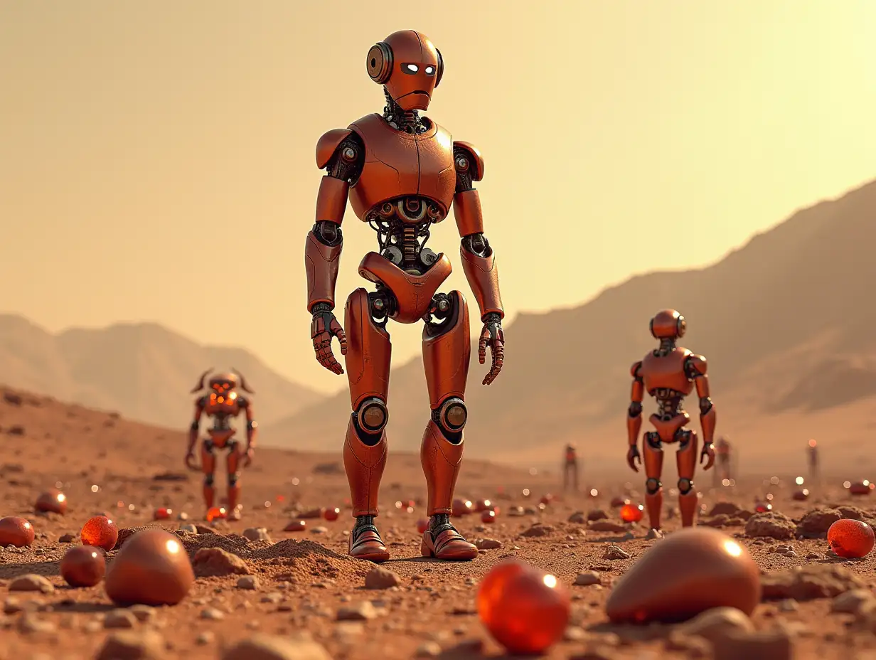 Create a high-resolution, realistic image of the artificial intelligence Robert, 40 meters tall, with small robots, made of red gold, screws, and many rusty glass marbles on the ground, on Mars at 4k resolution.