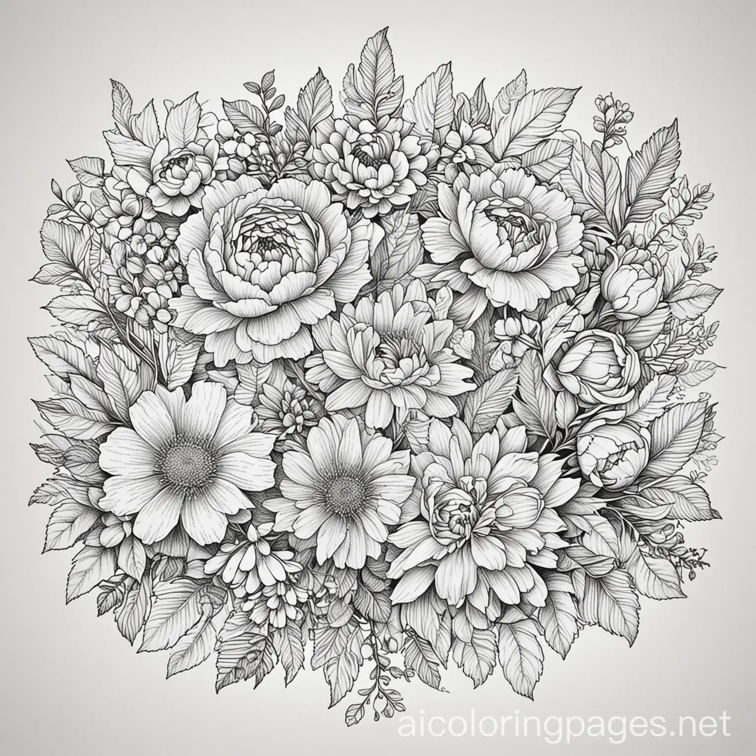 A beautifully detailed floral arrangement with various flowers like roses, daisies, and peonies, intricately drawn with swirling vines and leaves. The flowers are in full bloom, with a soft, elegant feel., Coloring Page, black and white, line art, white background, Simplicity, Ample White Space. The background of the coloring page is plain white to make it easy for young children to color within the lines. The outlines of all the subjects are easy to distinguish, making it simple for kids to color without too much difficulty