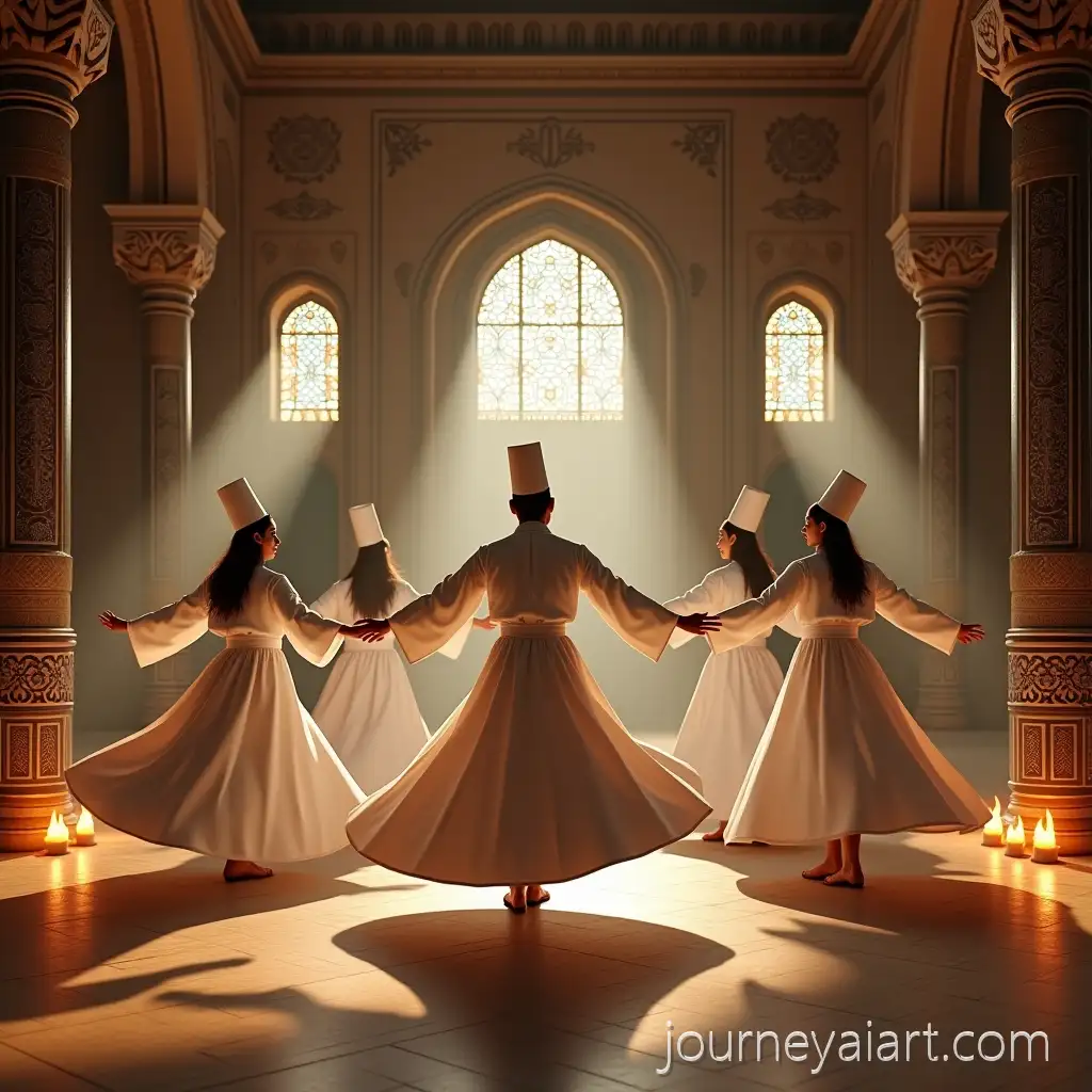 Five-Traditional-Turkish-Sufi-Dancers-Performing-Whirling-Dervish-Dance-in-Grand-Historic-HallSufi-dancers-in-historic-hall