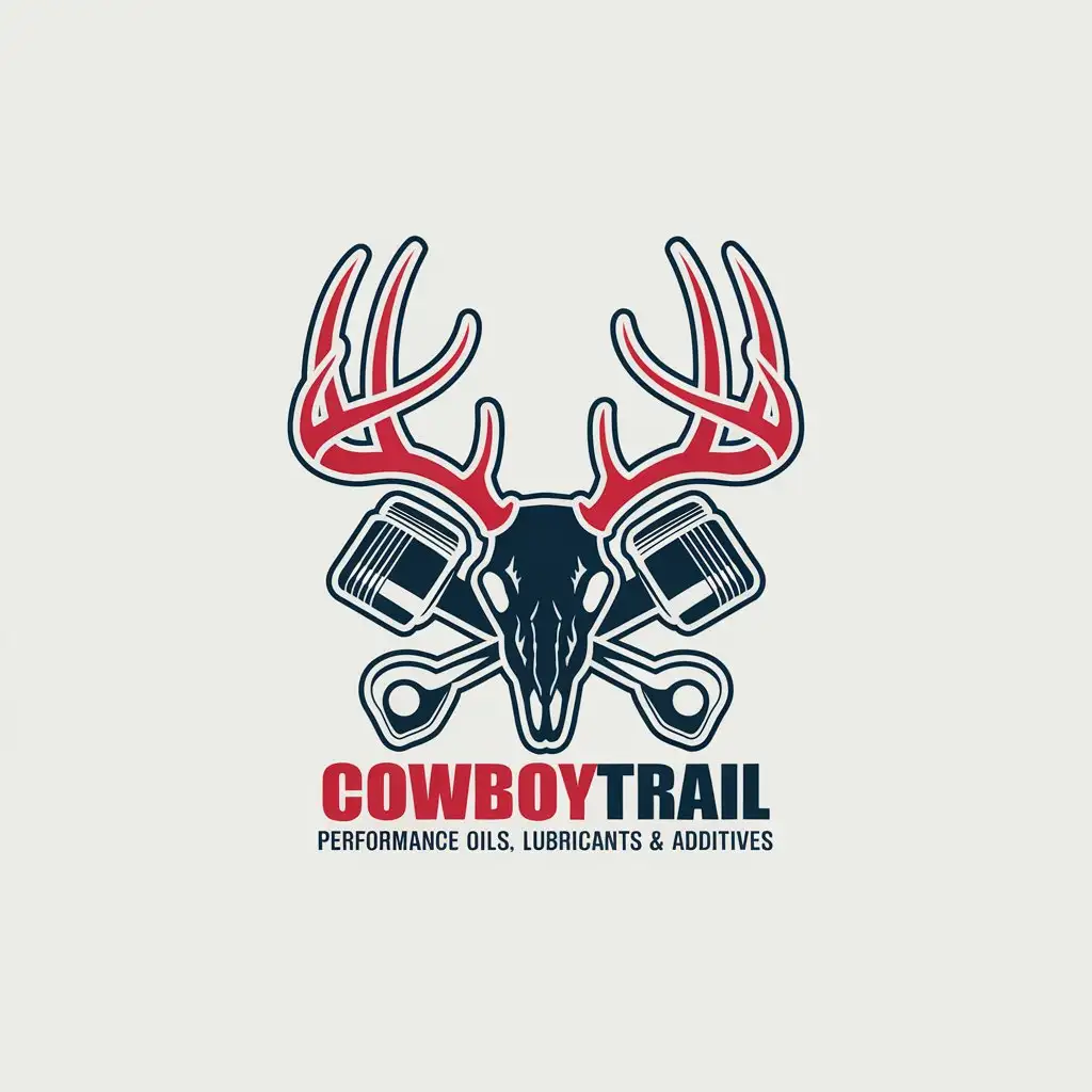 LOGO Design for Cowboytrail Performance Oils Red White Blue with Deer Skull and Pistons Theme